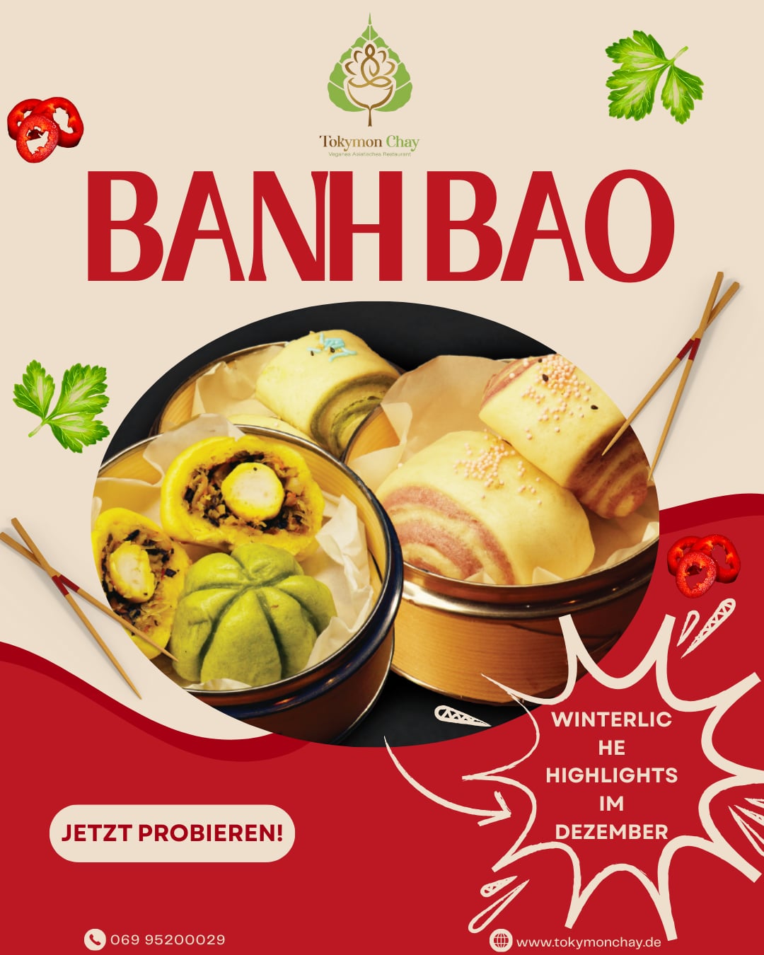 Gedämpfte Banh Bao in gelber, grüner und heller Ausführung, angerichtet in Bambuskörben.