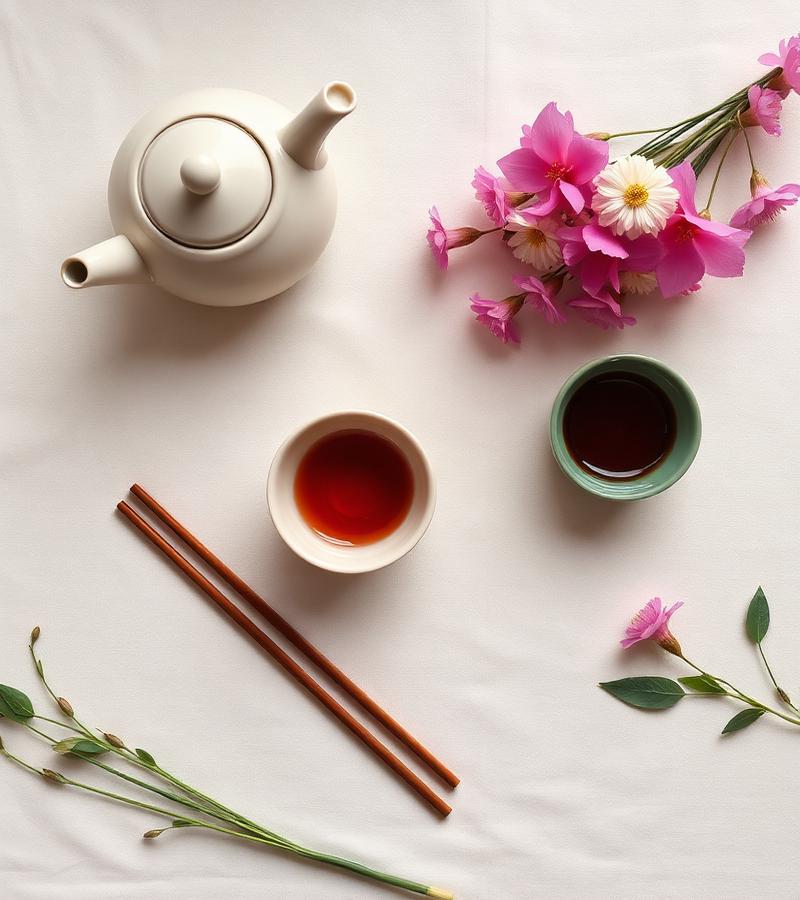 Gedeckter Tisch mit Teekanne, Stäbchen und Blüten bei Tokymon Chay